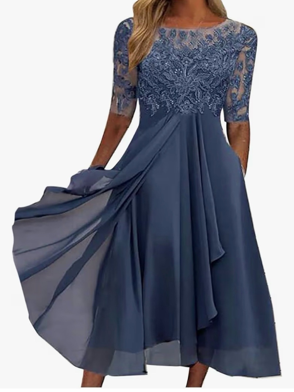 Elegant Navy Lace Bodice Chiffon Midi Dress new never worn fits small